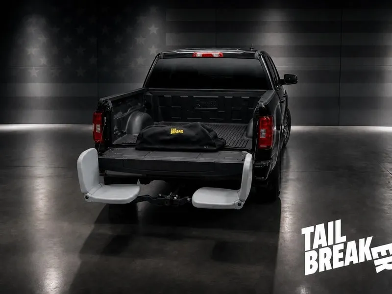 Tailbreaker seats and branded carrying bag on an open truck tailgate