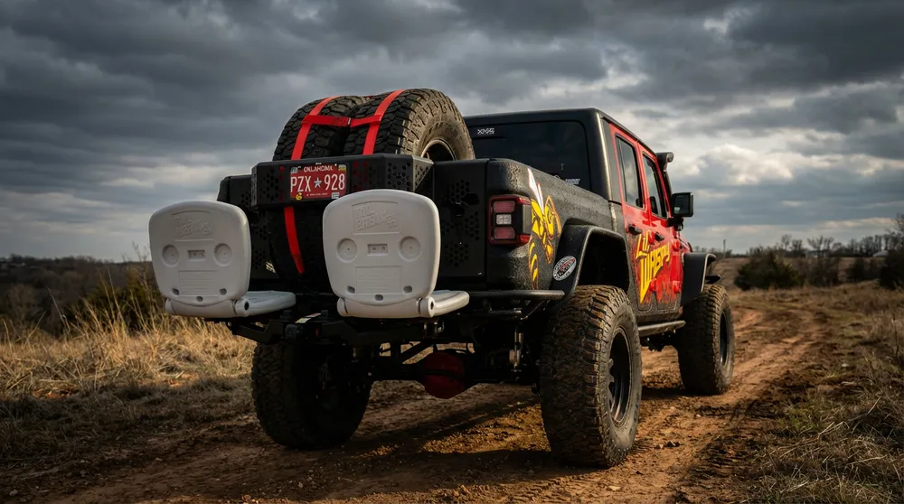 Tailbreaker dual swivel seats mounted to a Jeep on an off-road trail